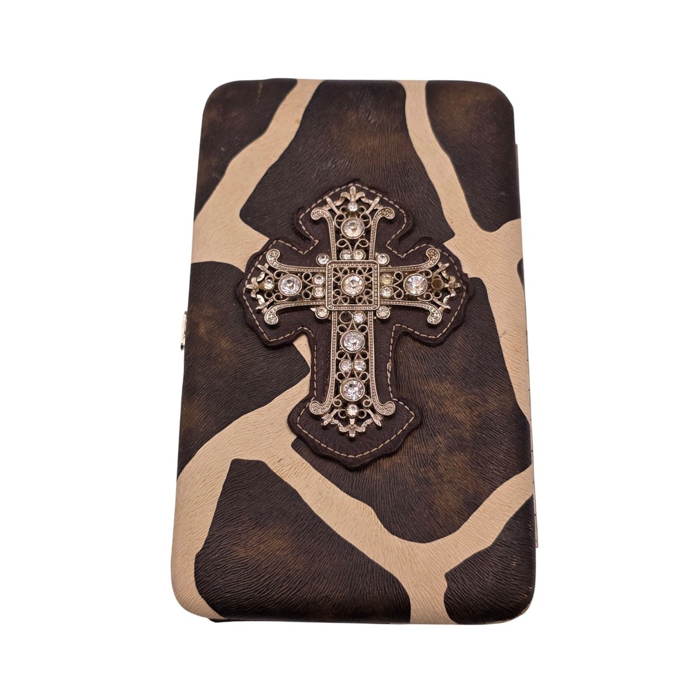 Unbranded Giraffe Print Hard Shell Wallet Womens Brown Rhinestone Cross Western
